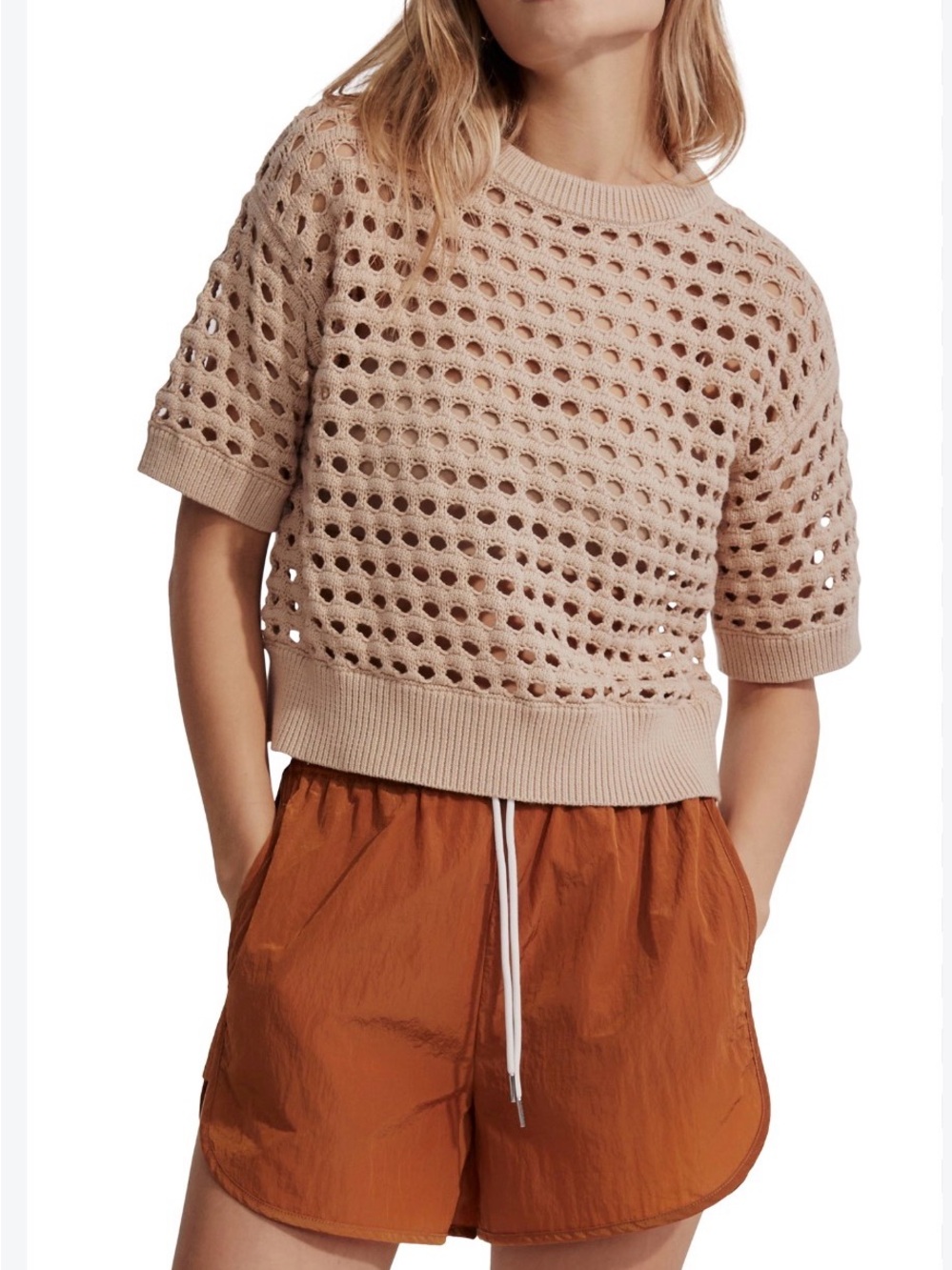 Varley Claybourne Open-Knit Short Sweater Tee in Beige Size Small